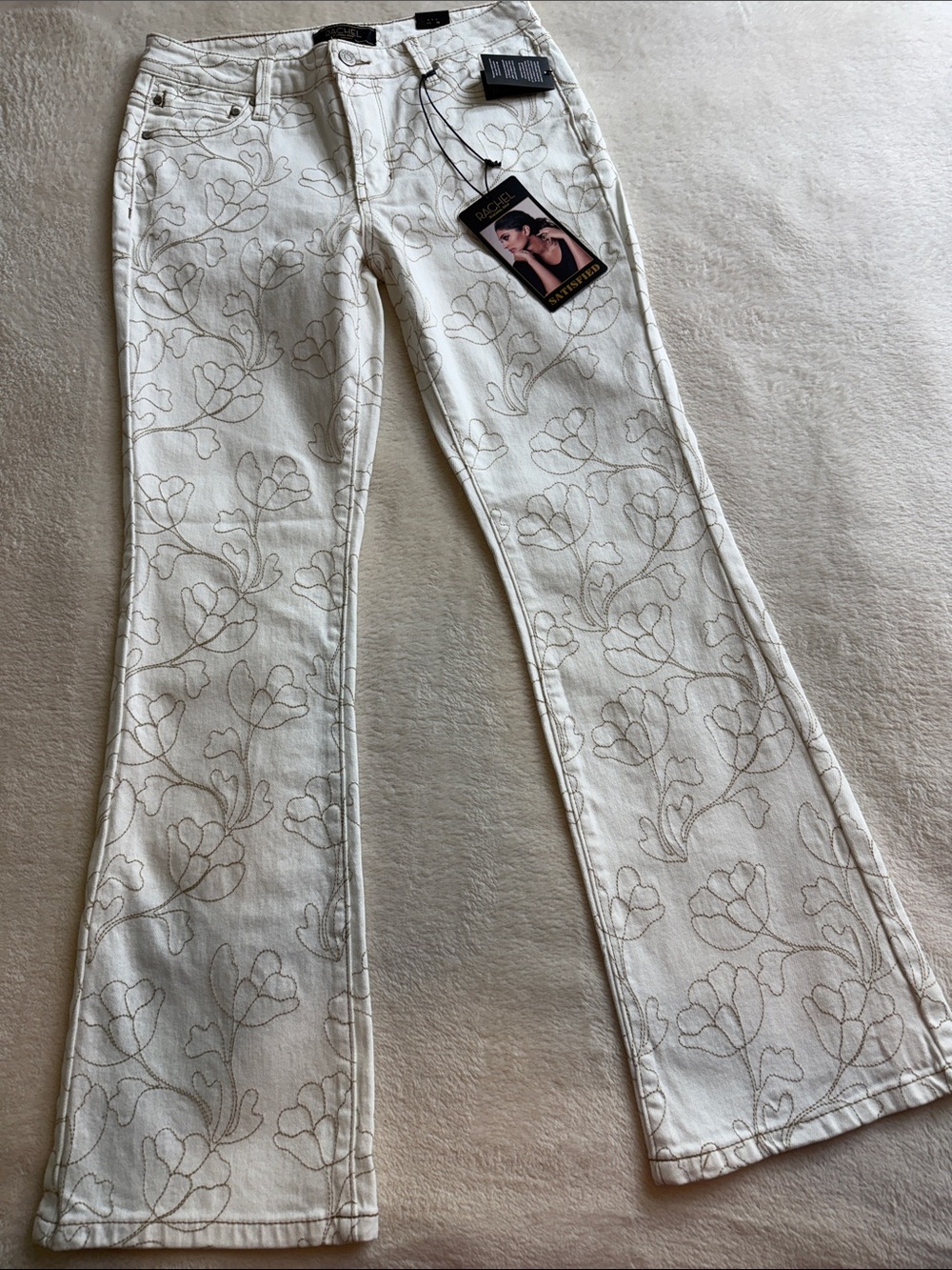 NWT Rachel Rachel Roy Satisfied White Floral Beige Embroidered Bootcut Jeans 4 - Picture 7 of 14